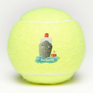 Cute ocean liner ship tug cartoon illustration  tennis balls