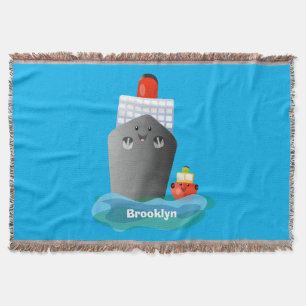 Cute ocean liner ship tug cartoon illustration throw blanket