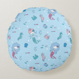 Cute Ocean Mermaids and Sea Creatures Pattern Round Pillow