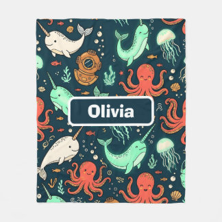 Cute Ocean Narwhal Octopus and Jellyfish Fleece Blanket