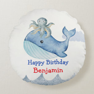 Cute Ocean octopus Whale fish Birthday party Round Pillow