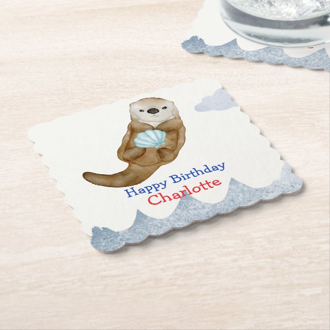 Cute Ocean Otter Scallops Birthday party Paper Coaster (Angled)