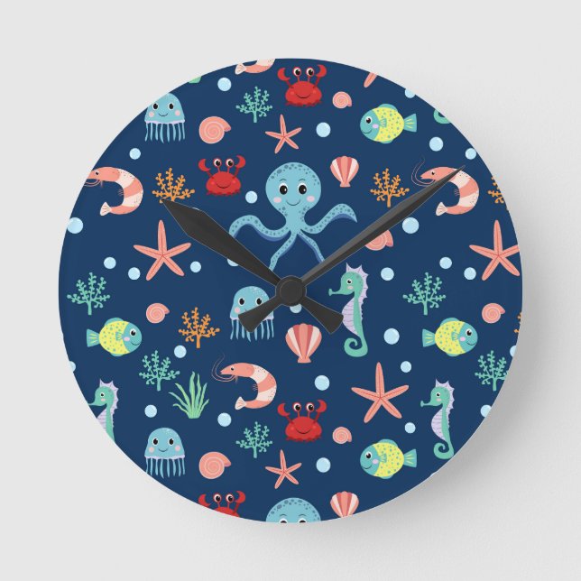 Cute Ocean Sea Life Pattern Round Clock (Front)