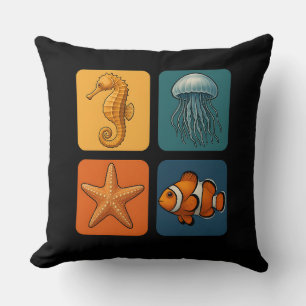 Cute Ocean Sea Life Pattern - Seahorse, Jellyfish, Throw Pillow