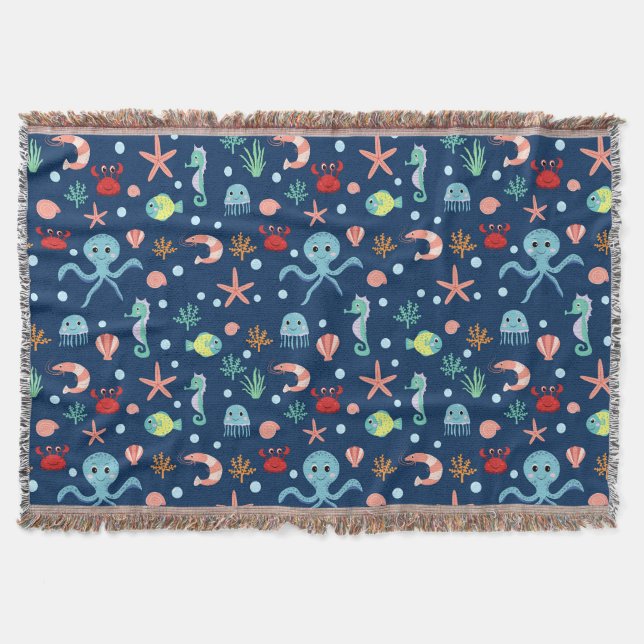 Cute Ocean Sea Life Pattern Throw Blanket (Front)