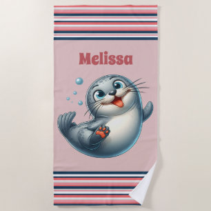 Cute ocean seal add name beach towel