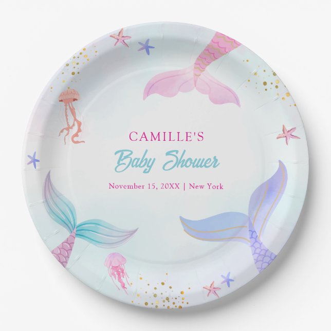 Cute Ocean Summer Mermaid Tail Baby Shower Paper Plate (Front)