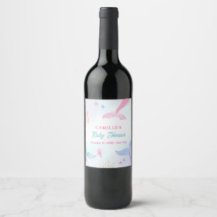 Cute Ocean Summer Mermaid Tail Baby Shower Wine Label