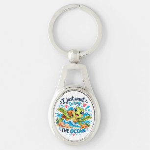 Cute Ocean Turtle Hug The Ocean Design Keychain