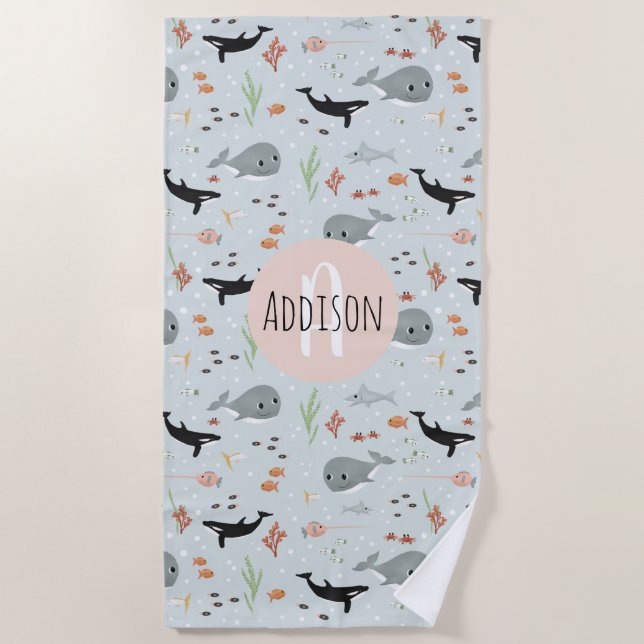 Cute Ocean Whale and Sea Pattern Kids Beach Towel (Front)