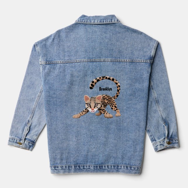 Cute ocelot cartoon illustration  denim jacket (Back)