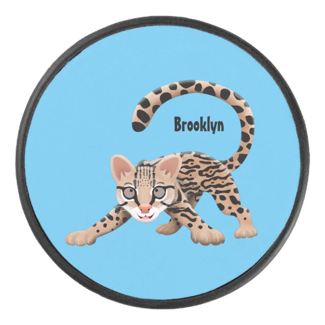 Cute ocelot cartoon illustration hockey puck (Front)