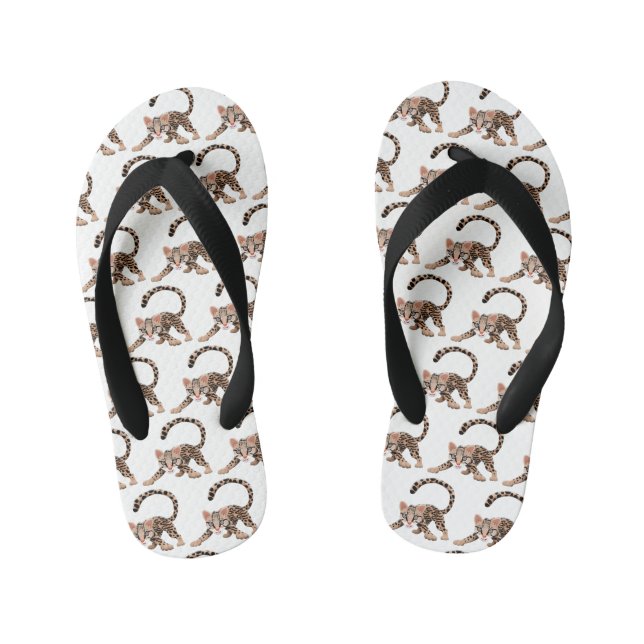 Cute ocelot cartoon illustration kid's flip flops (Footbed)