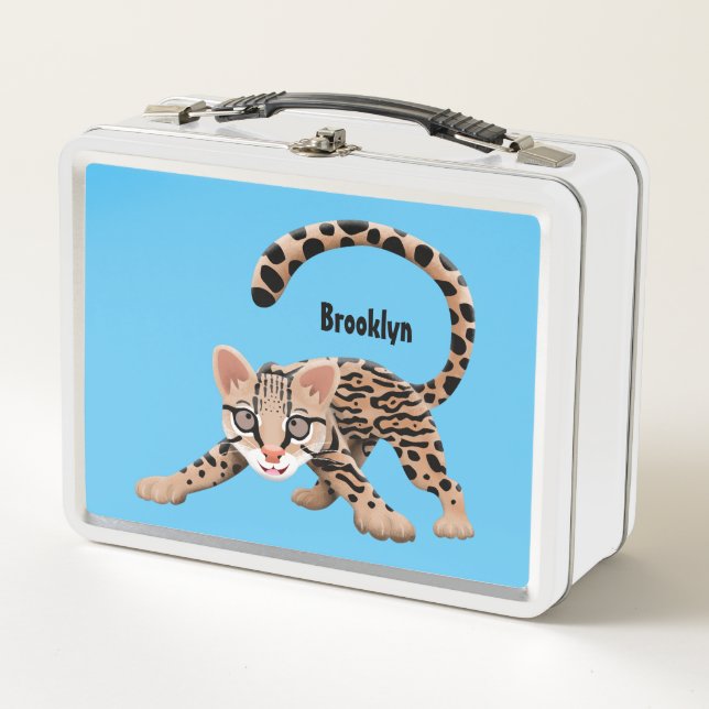 Cute ocelot cartoon illustration  metal lunch box (Front)