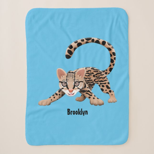 Cute ocelot cartoon illustration  sherpa blanket (Front)
