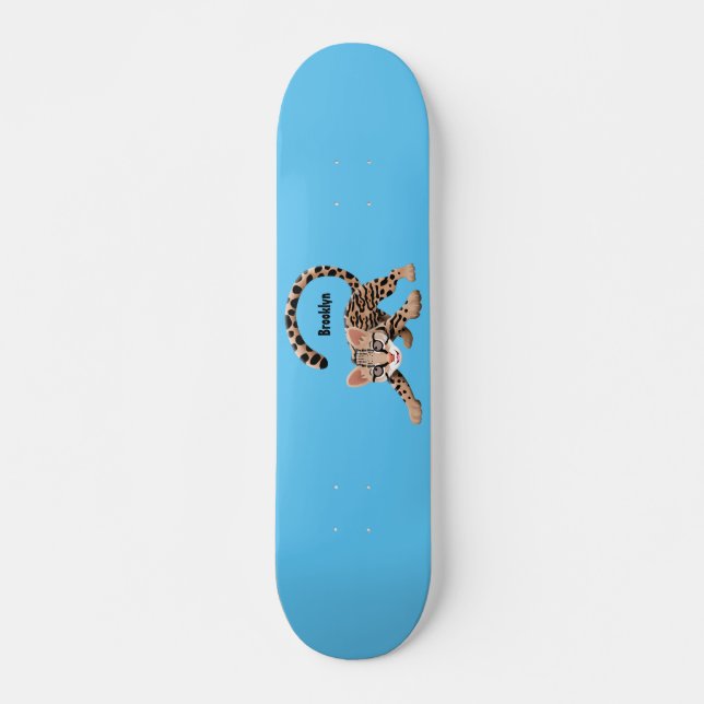 Cute ocelot cartoon illustration skateboard (Front)