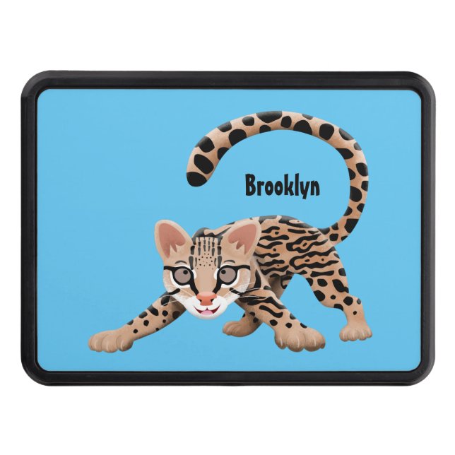 Cute ocelot cartoon illustration  trailer hitch cover (Front)