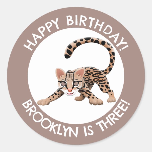 Cute ocelot cartoon personalized birthday classic round sticker (Front)