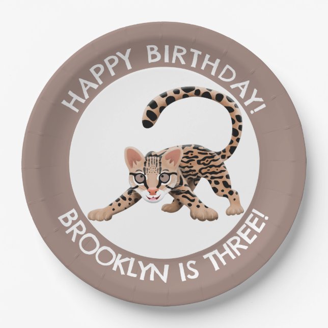 Cute ocelot cartoon personalized birthday paper plate (Front)