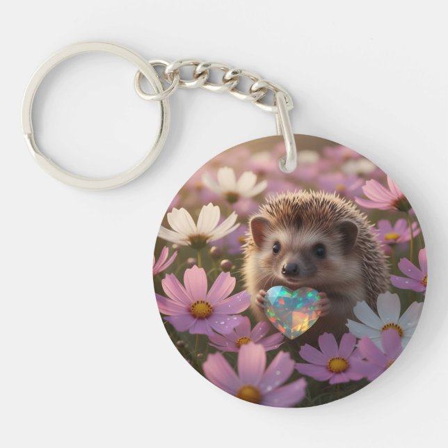 Cute October Hedgehog with Opal Heart Keychain (Front)