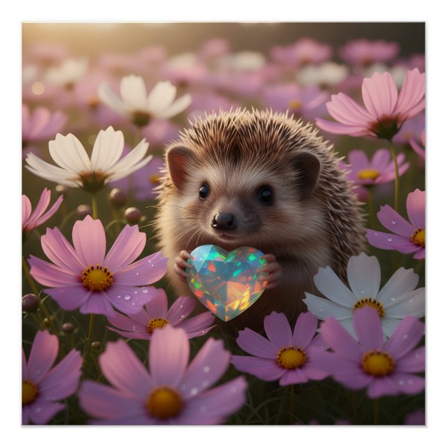 Cute October Hedgehog with Opal Heart Poster (Front)