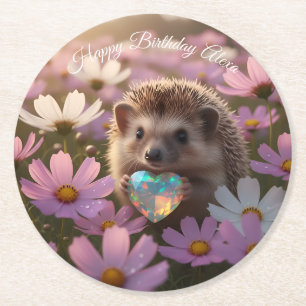 Cute October Hedgehog with Opal Heart Round Paper Coaster