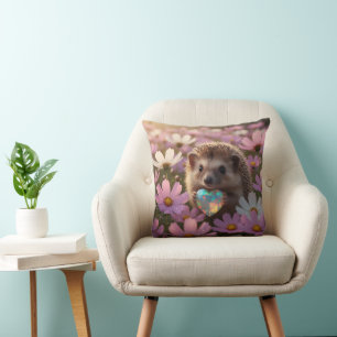 Cute October Hedgehog with Opal Heart Throw Pillow