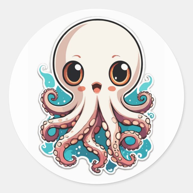 Cute Octopus Anime Cartoon Illustration Classic Round Sticker (Front)