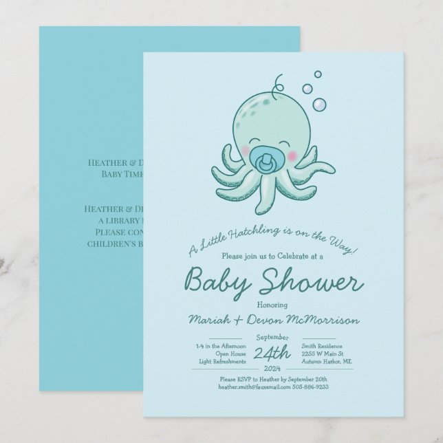 Cute Octopus Baby Shower Kawaii Blue Boy Invitation (Front/Back)