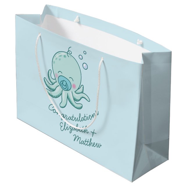 Cute Octopus Baby Shower Kawaii Blue Boy Large Gift Bag (Back Angled)