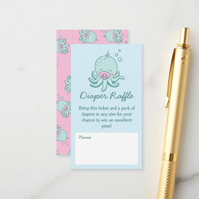 Cute Octopus Baby Shower Kawaii Pink Diaper Raffle Enclosure Card (Front/Back In Situ)
