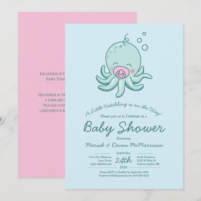 Cute Octopus Baby Shower Kawaii Pink Girl Invitation (Front/Back)