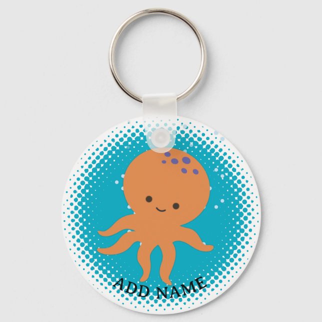 Cute Octopus Cartoon Blue Ocean Custom Name Keychain (Front)