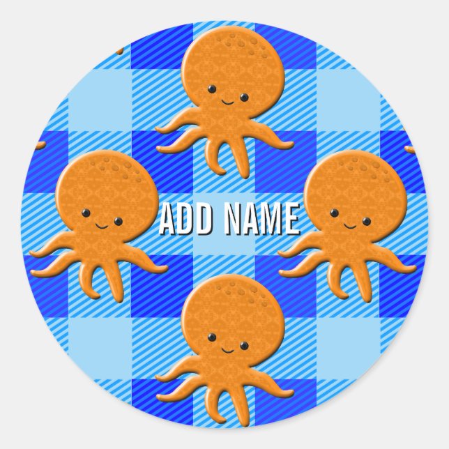Cute Octopus Cartoon Blue Plaid Custom Name Classic Round Sticker (Front)