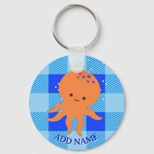 Cute Octopus Cartoon Blue Plaid Custom Name Keychain
