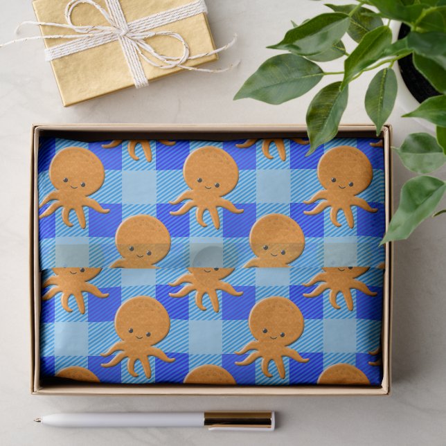 Cute Octopus Cartoon Blue Plaid Custom Name Tissue Paper (Gift)