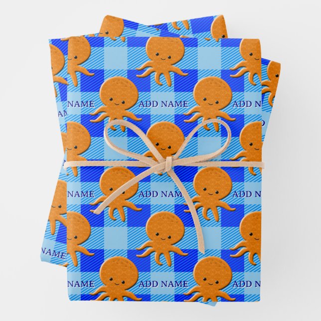 Cute Octopus Cartoon Blue Plaid Custom Name Wrapping Paper Sheet (In situ)