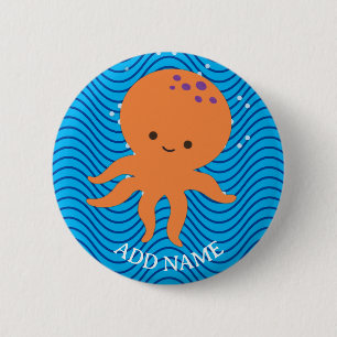 Cute Octopus Cartoon Blue Waves Pattern 2 Inch Round Button