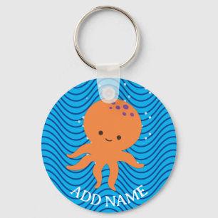 Cute Octopus Cartoon Blue Waves Pattern Keychain