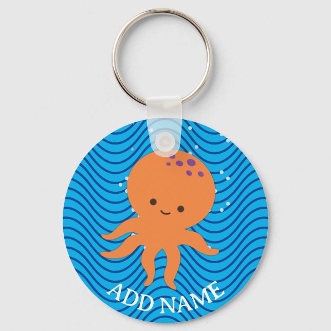 Cute Octopus Cartoon Blue Waves Pattern Keychain (Front)