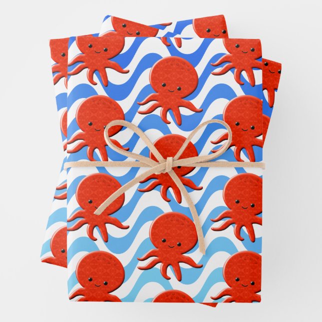 Cute Octopus Cartoon Blue Waves Wrapping Paper Sheet (In situ)