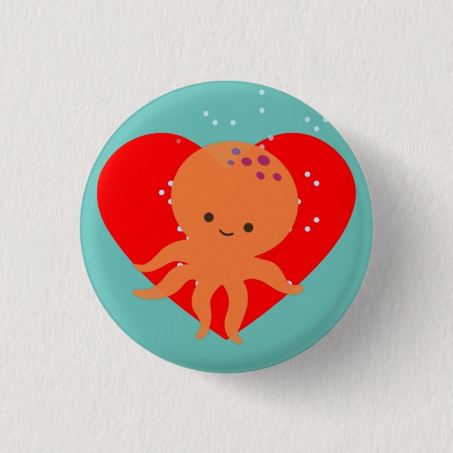 Cute Octopus Cartoon Red Heart 1 Inch Round Button (Front)
