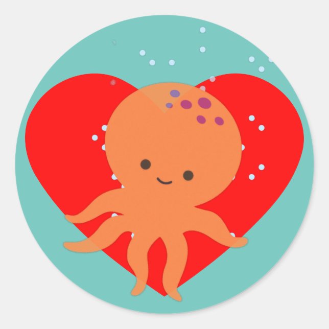 Cute Octopus Cartoon Red Heart Classic Round Sticker (Front)