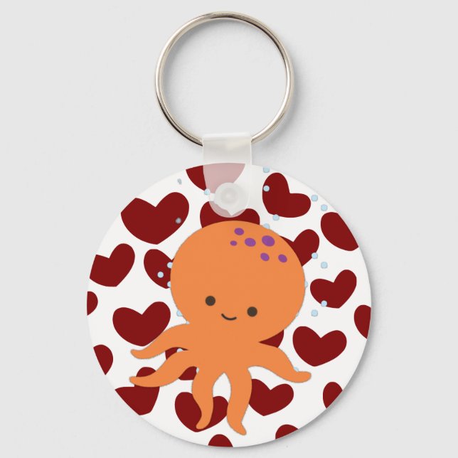 Cute Octopus Cartoon Red Heart Pattern Keychain (Front)