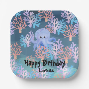 Cute octopus colourful coral fish sea Birthday kid Paper Plate
