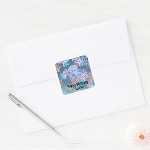 Cute octopus colourful coral fish sea Birthday kid Square Sticker