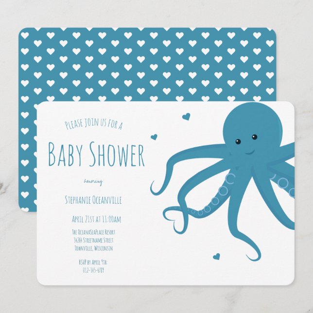Cute Octopus Heart Blue Horizontal Baby Shower Invitation (Front/Back)