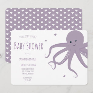 Cute Octopus Heart Purple Horizontal Baby Shower Invitation