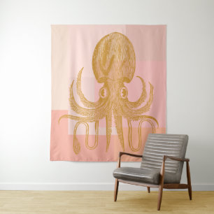 Cute Octopus Illustration in Pink and Gold Tapestry