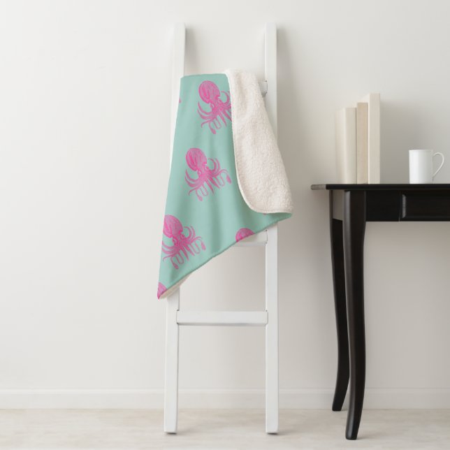 Cute Octopus Illustration Pattern Aqua and Fuchsia Sherpa Blanket (In Situ)